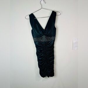 Pompous Girly Black Satin Ruched Bodycon Mini Dress Sz Small Embellished Waist